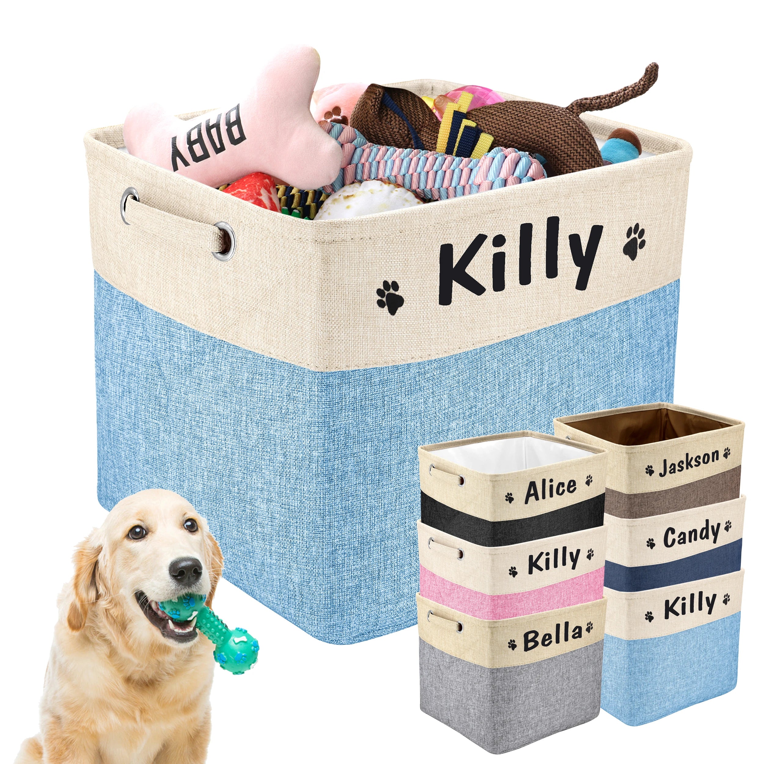 Custom Dog Toy Basket Storage Box Free Print Pet Name Paw Dog Baskets Folding Pet Boxes For Toys Clothes Collars Pet Accessories