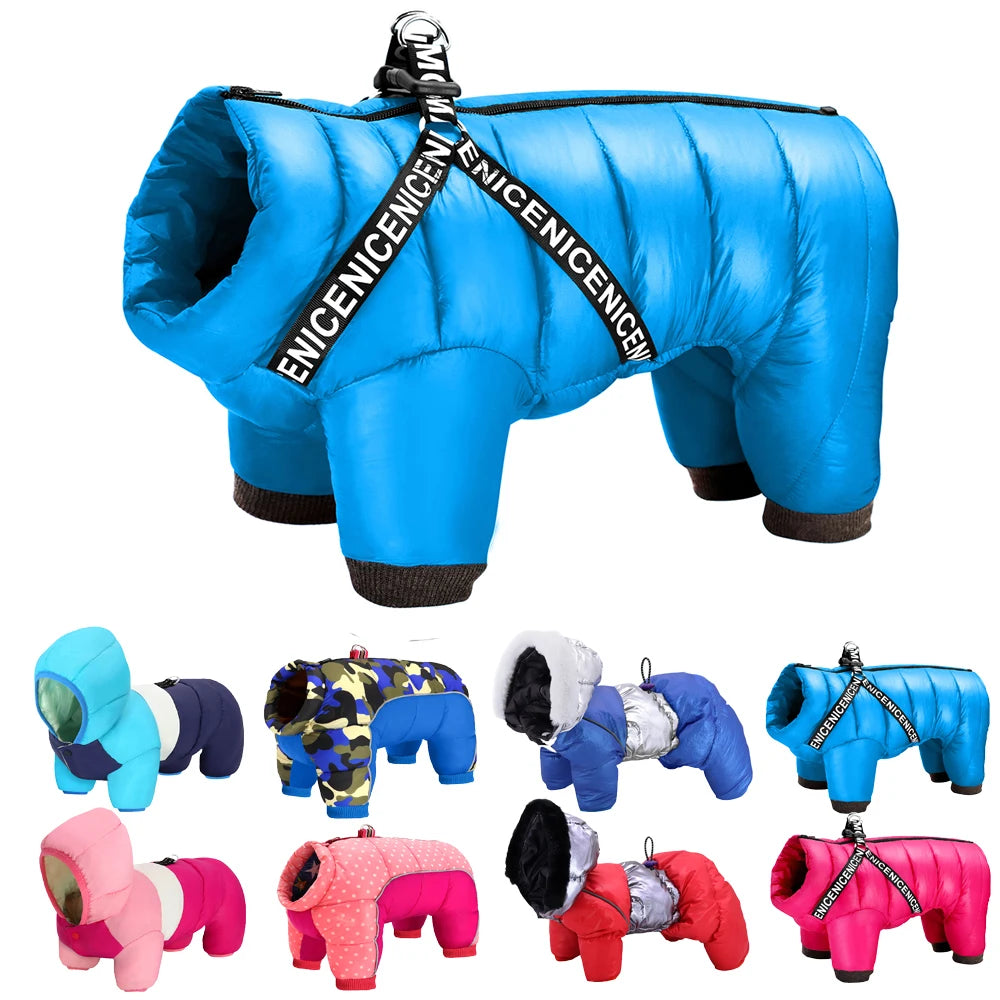 Winter Pet Dog Clothes Thick Warm Dogs Jacket Coat Jumpsuit With Harness Reflective Waterproof Dogs Down Jacket Snowsuit 3 Layer